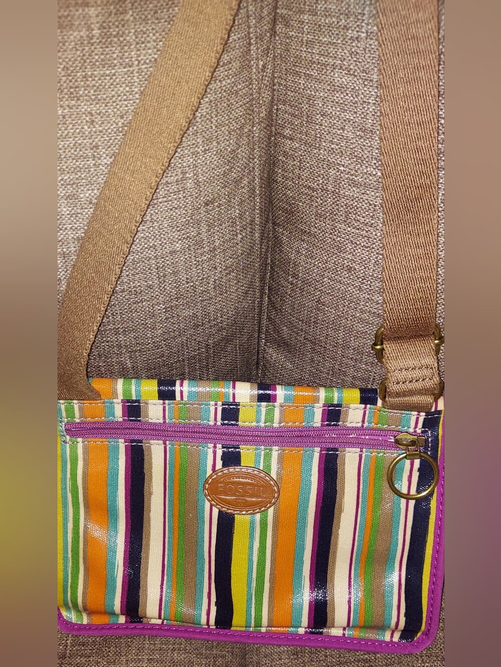 Vintage Fossil Multicolor Striped Canvas Crossbody with Purple Trim